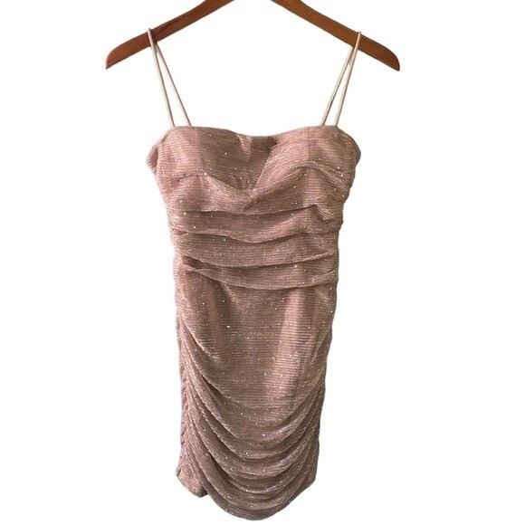Lulus Flirty Vibes Mauve Pink Sparkly Ruched Bodycon Mini Dress Sleeveless - Picture 3 of 16